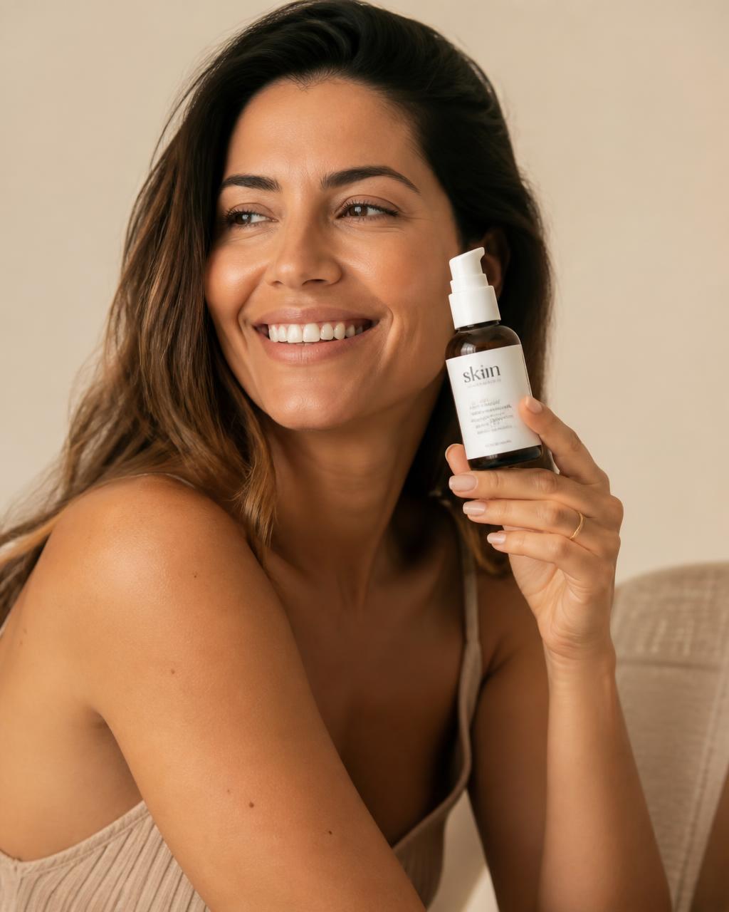 Participante sorrindo segurando um produto de skincare